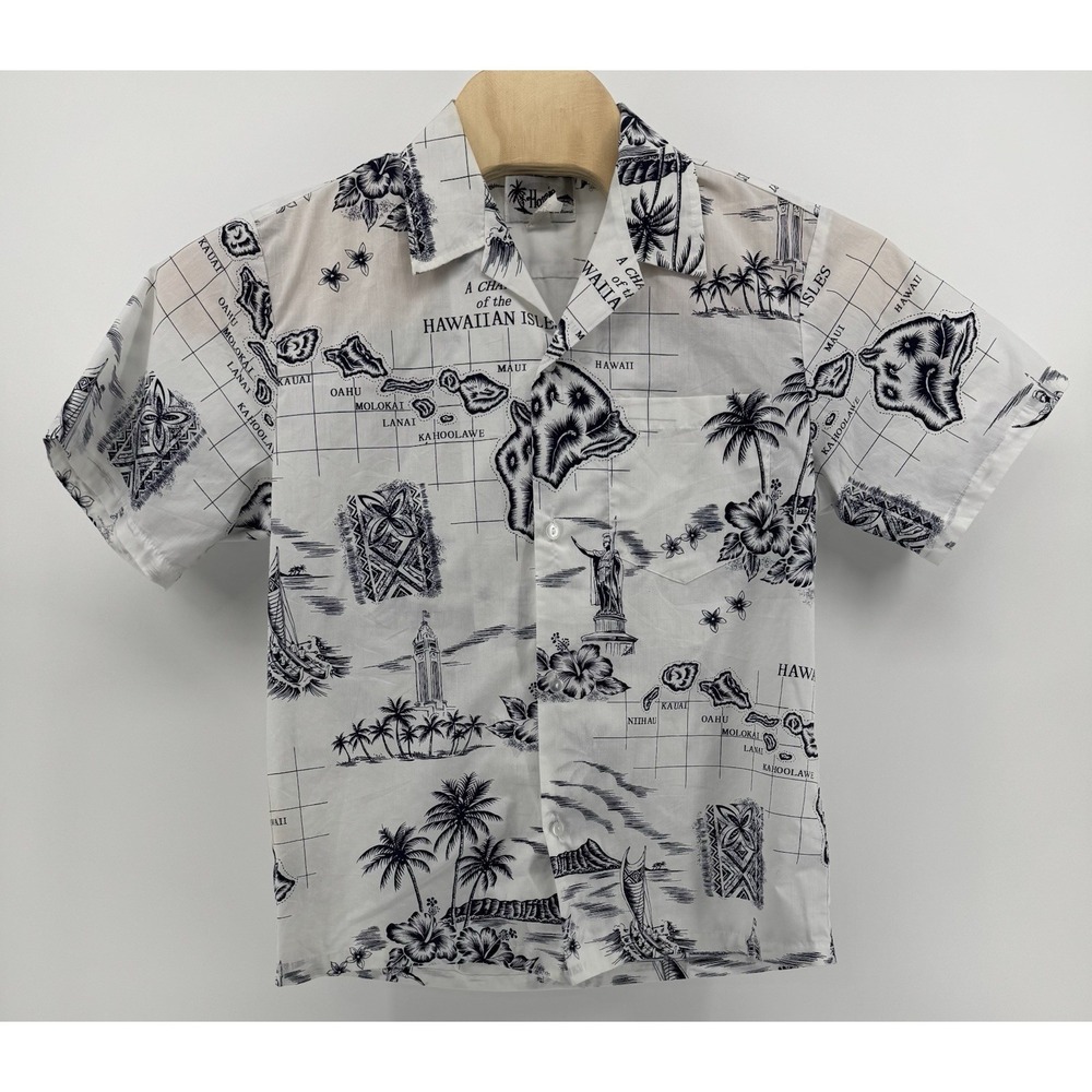 Men's Casual Hawaiian Map Print Button-Down Shirt - White/Black